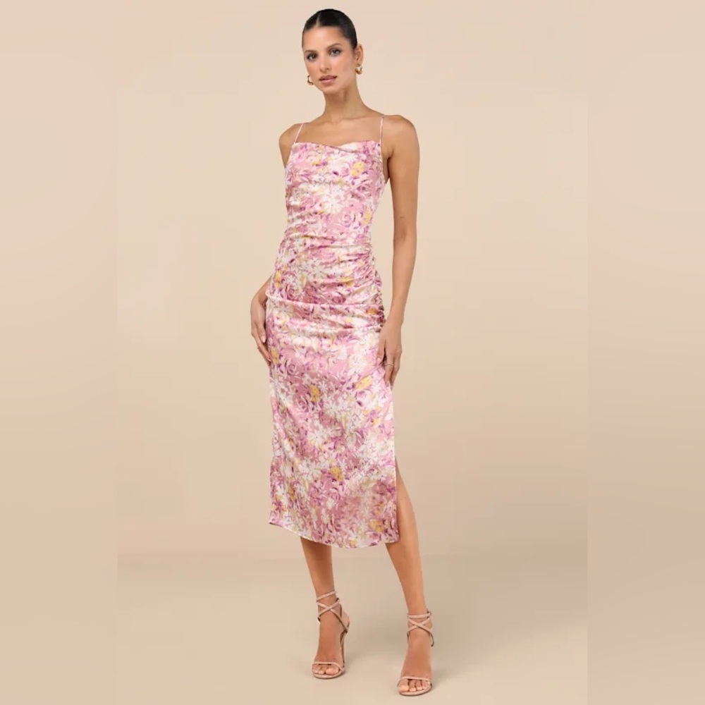 Lulus Truest Romance Pink Floral Print Sleeveless Ruched Midi Dress